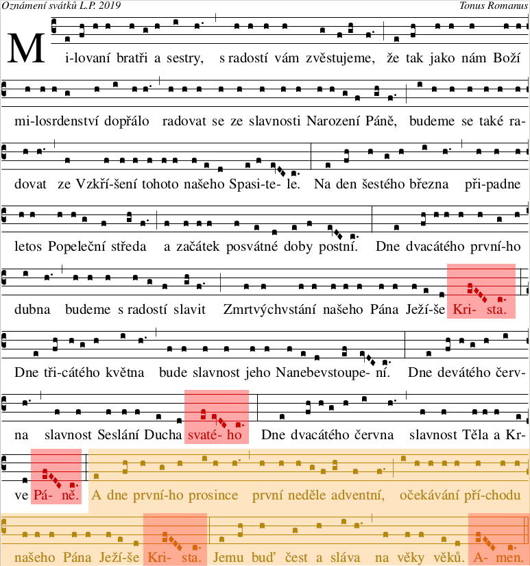 nápěv letošního ohlášení pohyblivých svátků z webu liturgie.cz, s vyznačenými částmi, které jsem se rozhodl opravit